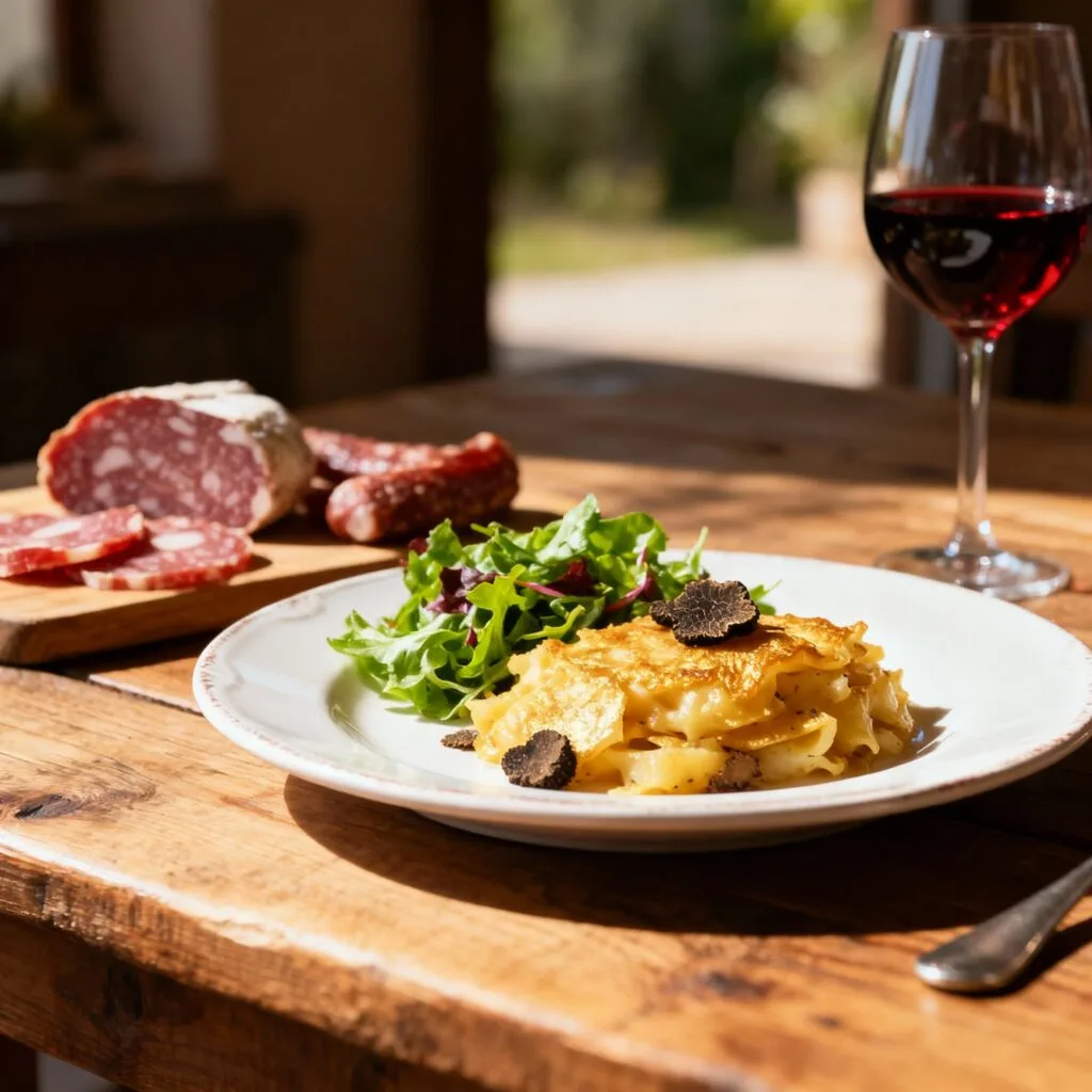 Accompagnement truffade : salade verte et charcuterie auvergnate