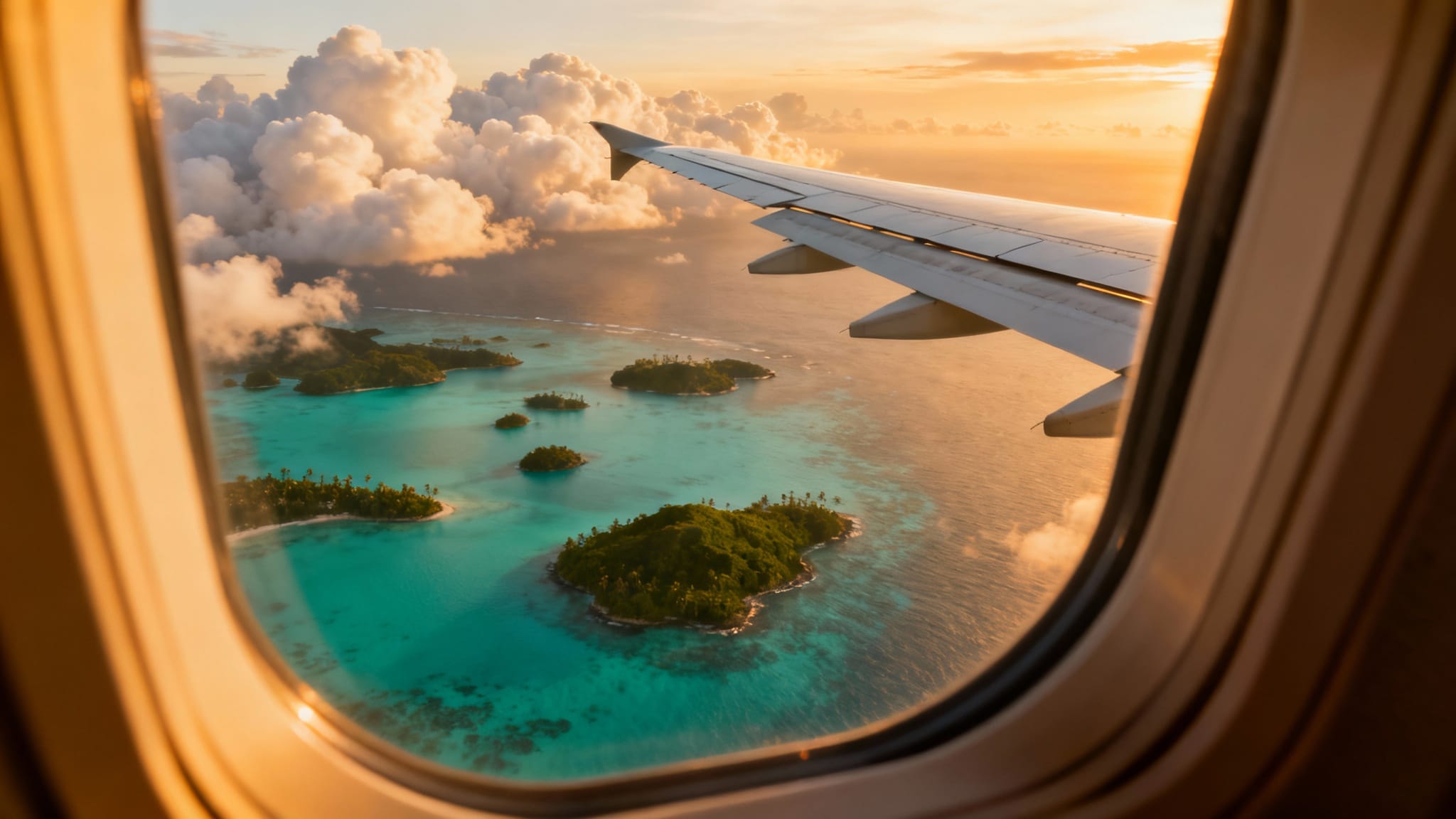 Aile d’avion au‑dessus d’eaux turquoise des Caraïbes
