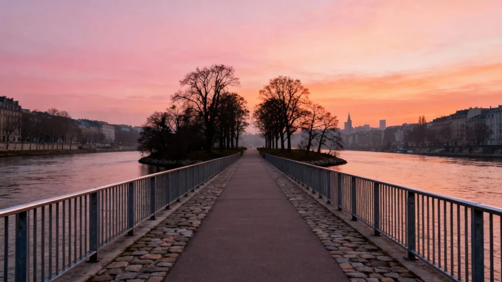 Allée d’île urbaine au coucher, perspective et reflets