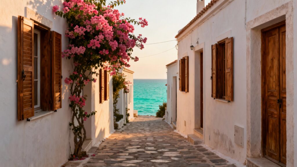 Ruelles méditerranéennes fleuries avec mer turquoise