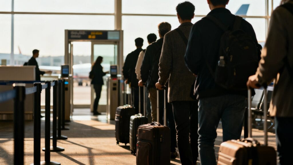 Passagers en file à l’aéroport pendant la haute saison