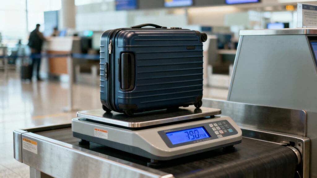 Valise sur balance d’aéroport pour vérifier la franchise soute
