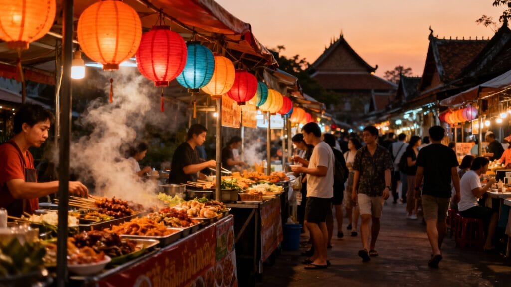 Marché de nuit animé avec lanternes et street‑food