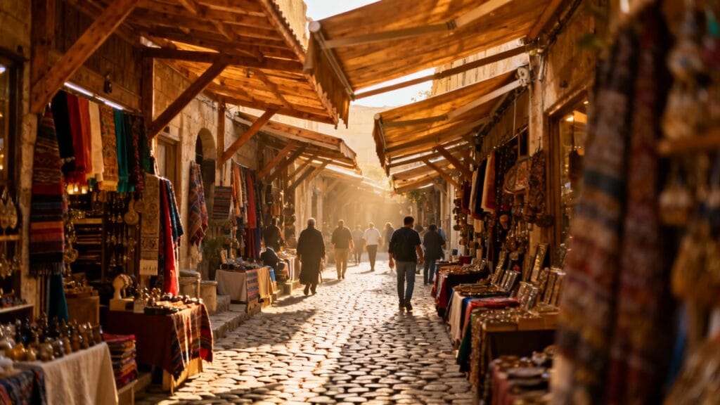 Bazar traditionnel avec échoppes d’artisanat