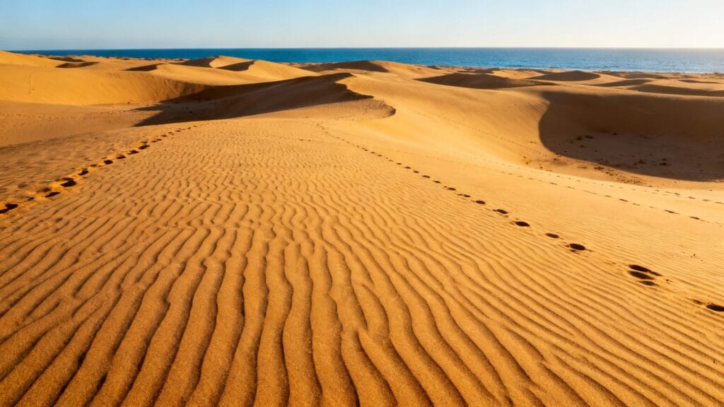 Dunes de sable doré et océan bleu, hiver ensoleillé
