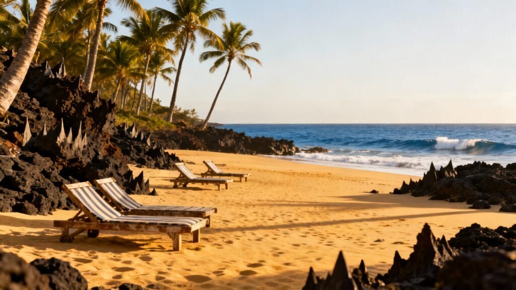 Plage dorée et roches noires, soleil doux aux îles Canaries