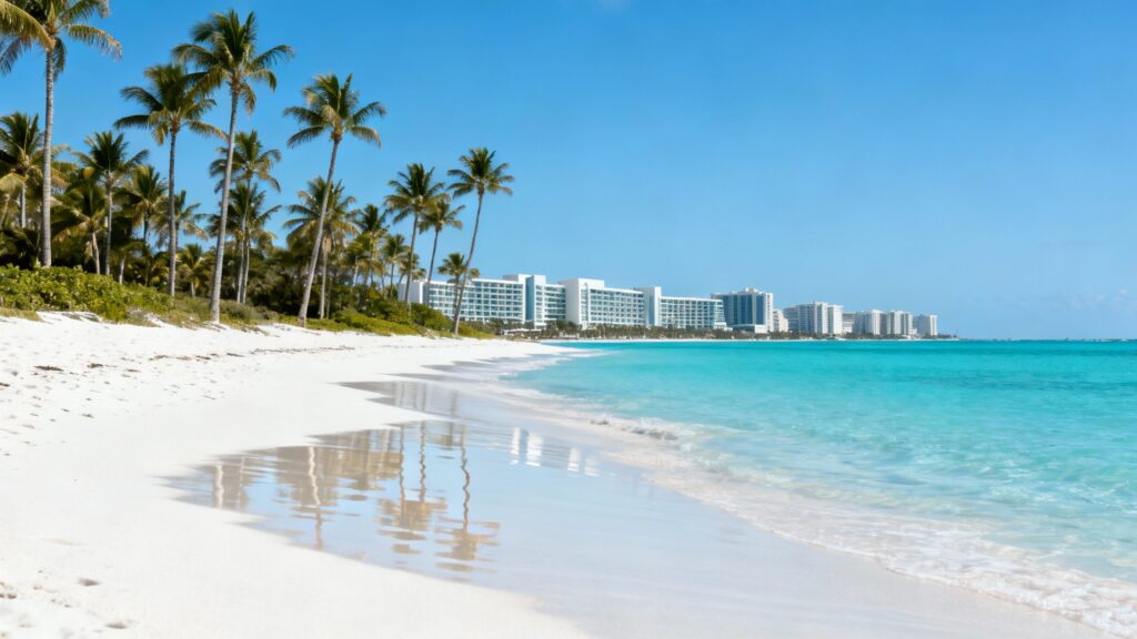 Plage sable blanc et mer turquoise bordée de palmiers
