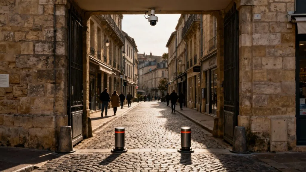 Bollards et caméra à l’entrée d’un centre historique