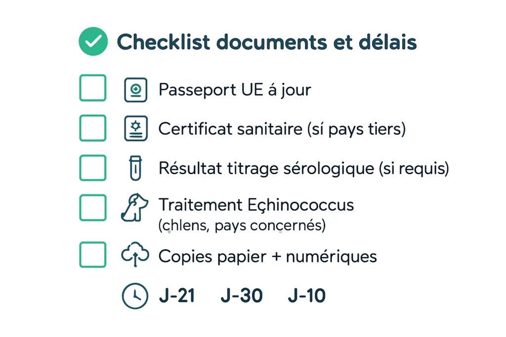 Checklist voyage animal : documents, J‑21 et copies numériques