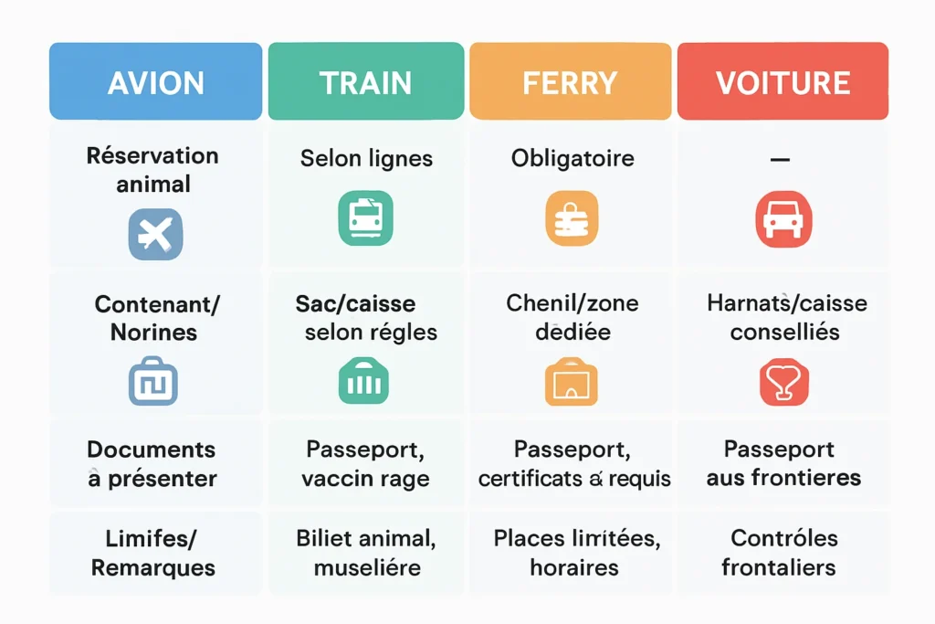 Exigences transport : avion, train, ferry, voiture pour animaux