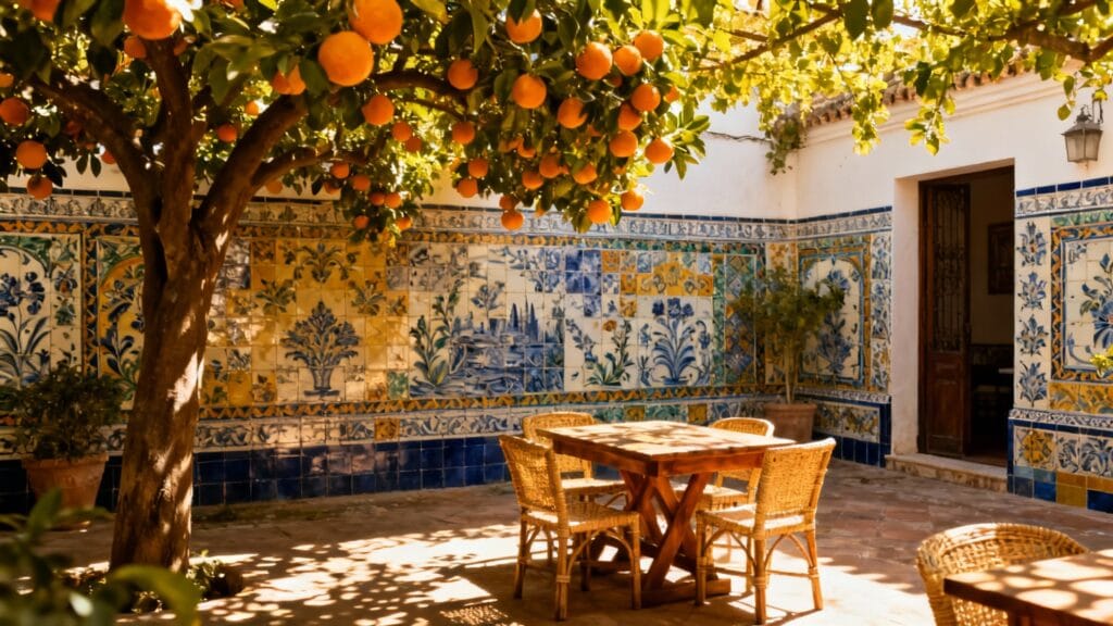 Cour ensoleillée, orangers et azulejos, ambiance andalouse
