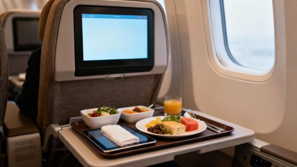 Écran individuel et plateau‑repas sur un vol long‑courrier