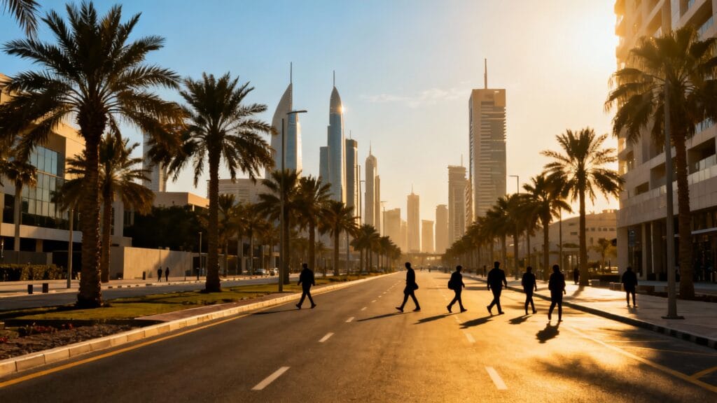 Boulevard moderne avec palmiers et skyline contemporaine