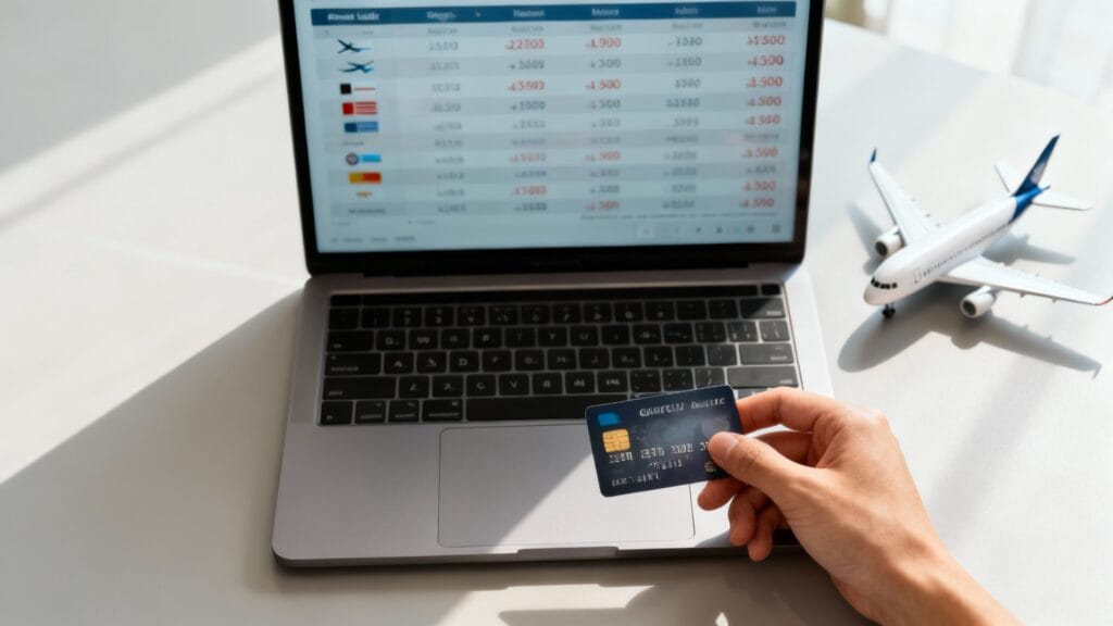 Comparateur de vols affichant des prix sur ordinateur, sans logos