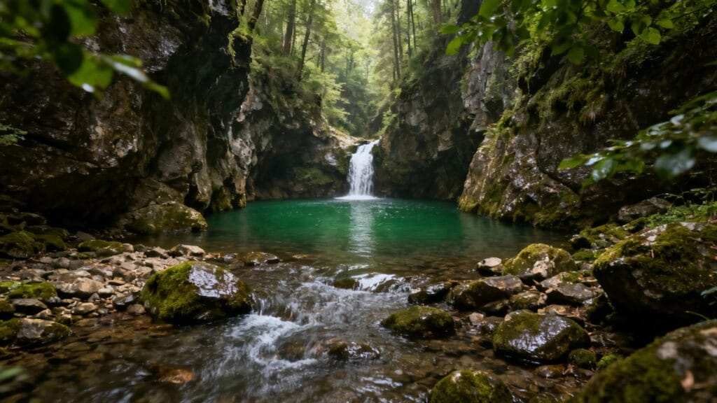 Bassin émeraude et cascade en montagne