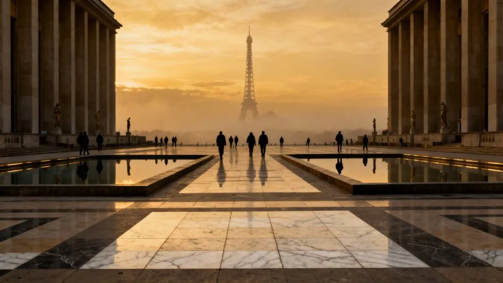 Grande esplanade au coucher avec bassins et silhouettes