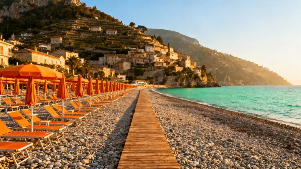 Large plage de galets, rangées de parasols et village en terrasses, ambiance Spiaggia Grande