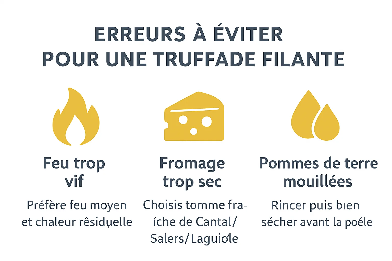 Infographie erreurs truffade : feu trop vif, fromage sec, pommes de terre mouillées