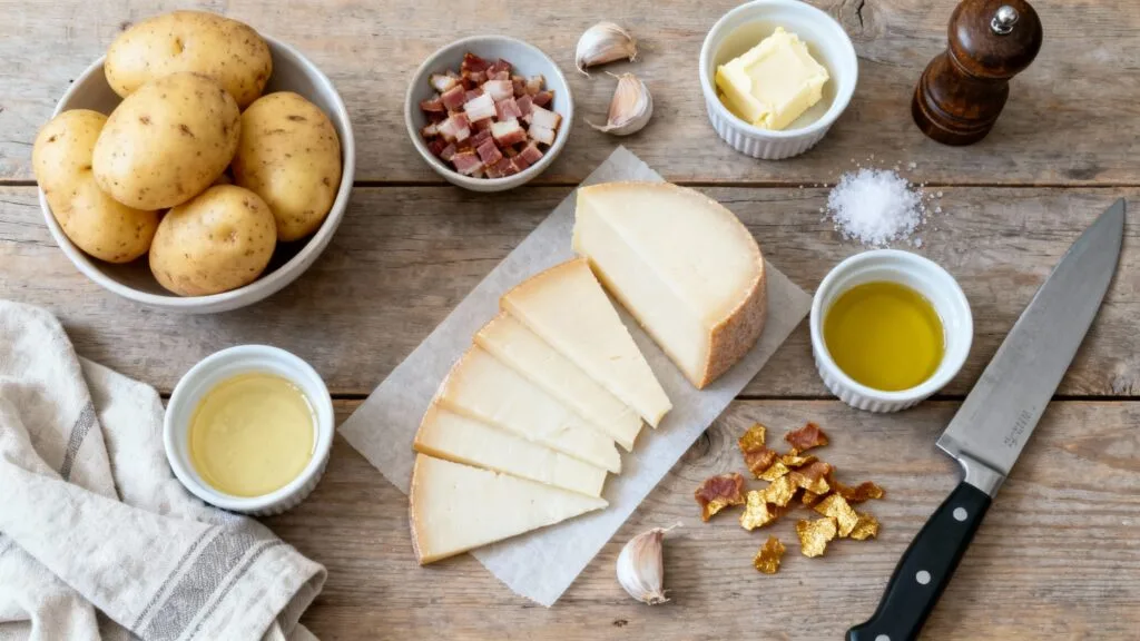 Ingrédients de truffade : tomme de Cantal, pommes de terre, ail, lardons