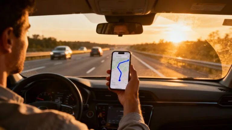 Smartphone affichant un itinéraire michelin sur la route au coucher du soleil