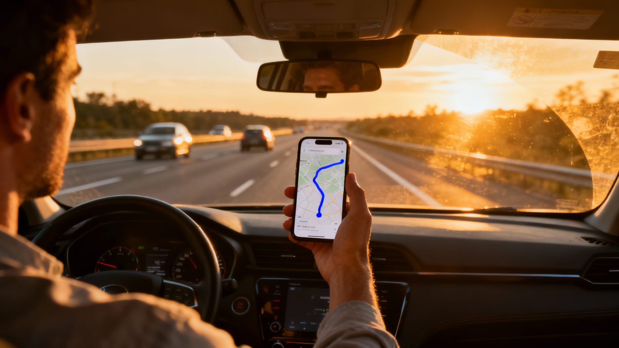 Smartphone affichant un itinéraire michelin sur la route au coucher du soleil