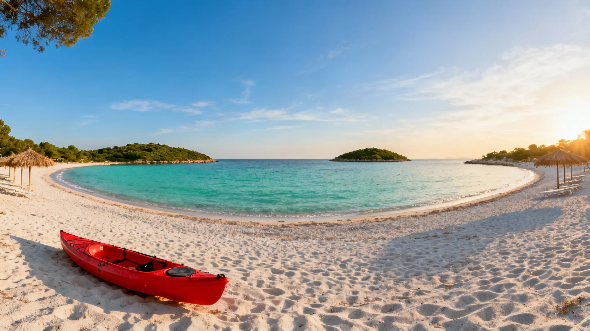 Plage de ksamil au matin, eau turquoise et îlots proches
