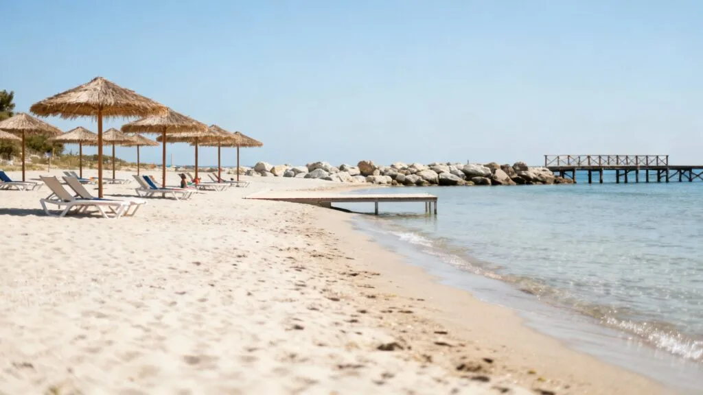 Plage de Ksamil sable fin, transats et zone publique libre