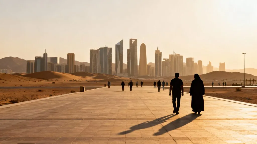 Esplanade urbaine animée avec tours modernes et collines arides