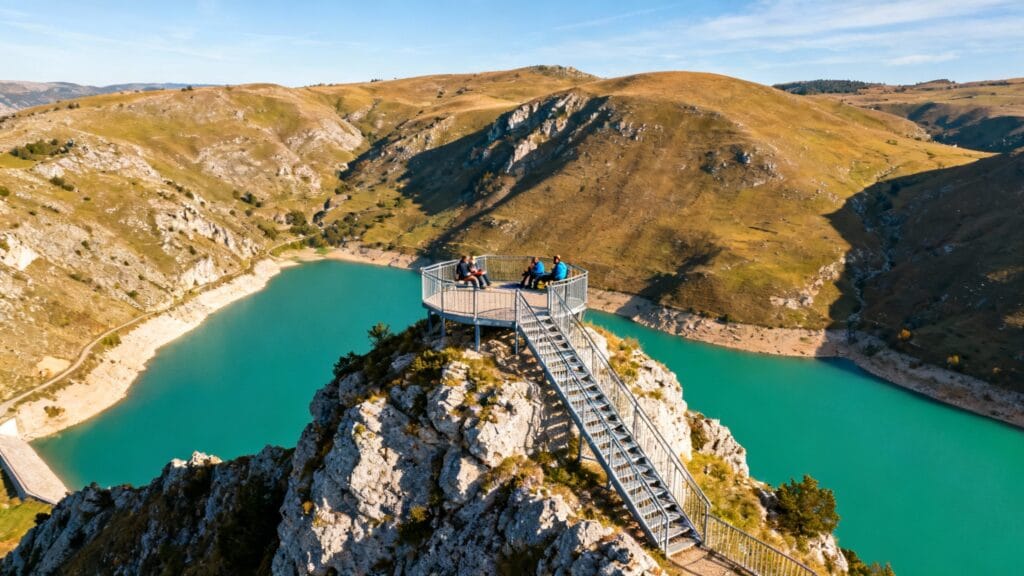 Lac émeraude et belvédère sur rocher escarpé
