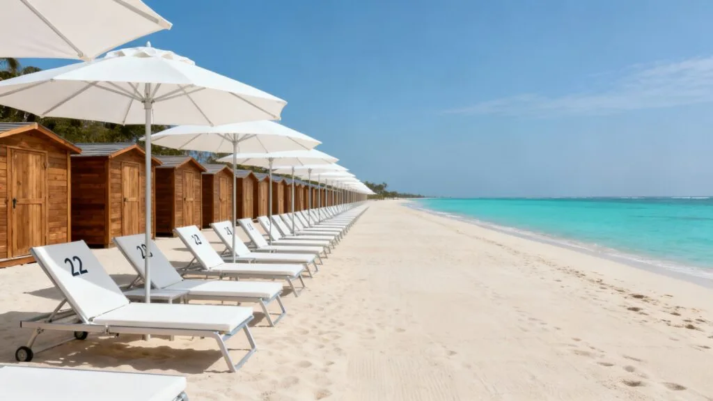 Lido privé avec rangées de parasols et transats