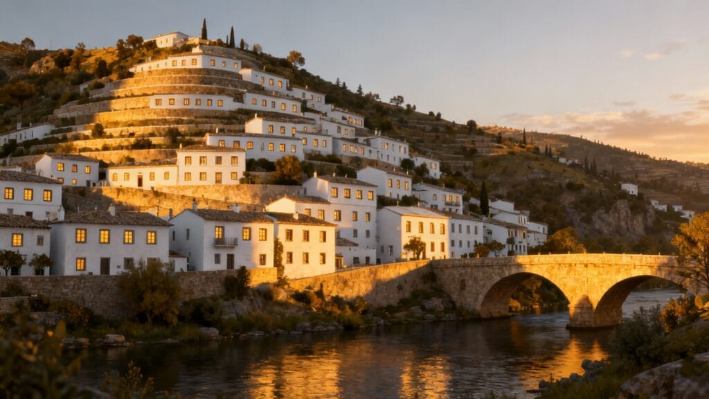 Maisons blanches en terrasses au‑dessus d’une rivière