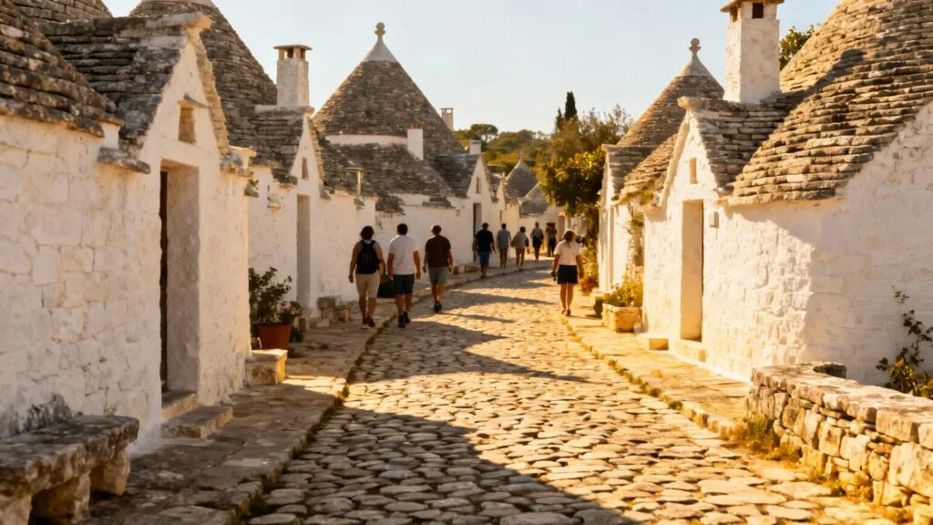 Maisons blanches à toits coniques avec foule à midi