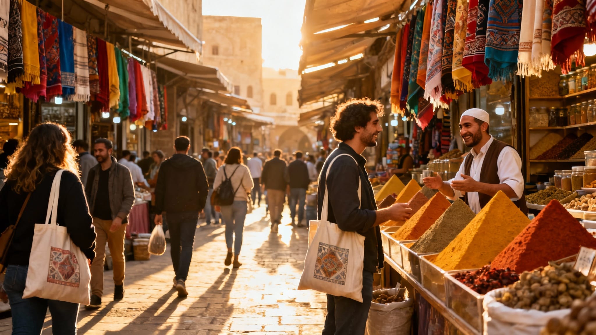 Allée animée, épices et tissus colorés, ambiance marché soleil marseille