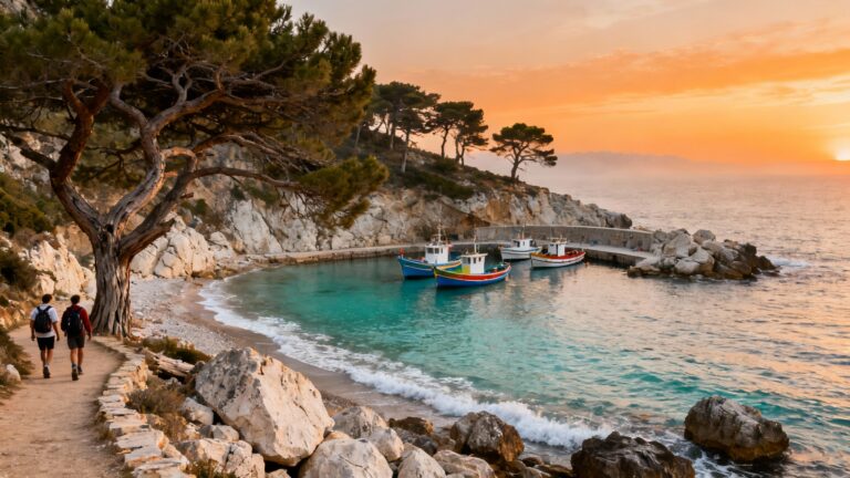 Calanque de niolon avec petit port et eau turquoise