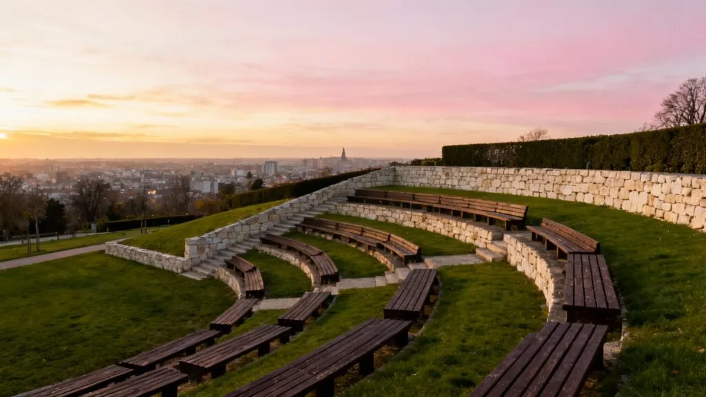 Parc en terrasse au coucher, horizon ouest lumineux