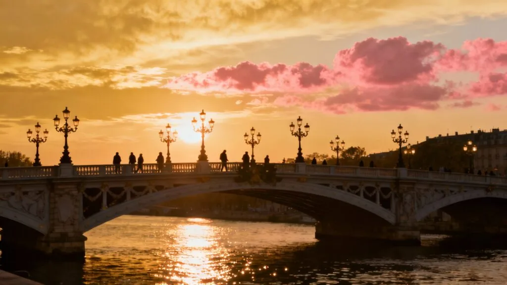Pont élégant au coucher du soleil avec reflets dorés