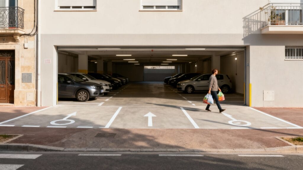 Entrée de parking couvert près du marché, stationnement pratique