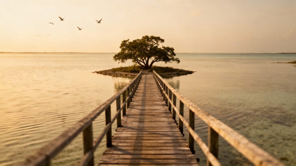 Passerelle sur lagune menant à un îlot boisé