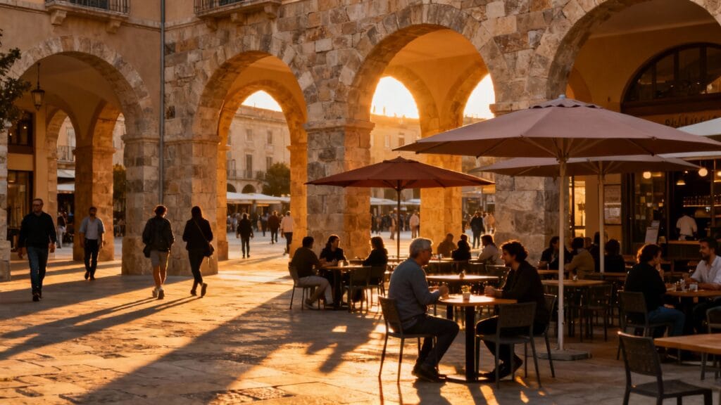 Place de marché avec arcades et terrasses