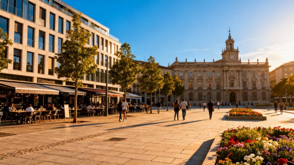 Grande place piétonne et cafés dans une capitale albanaise