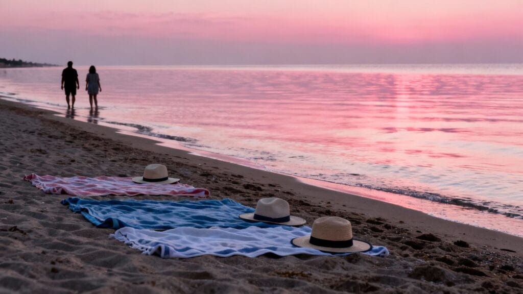 Plage calme, ciel rosé, silhouettes lointaines au bord de l’eau