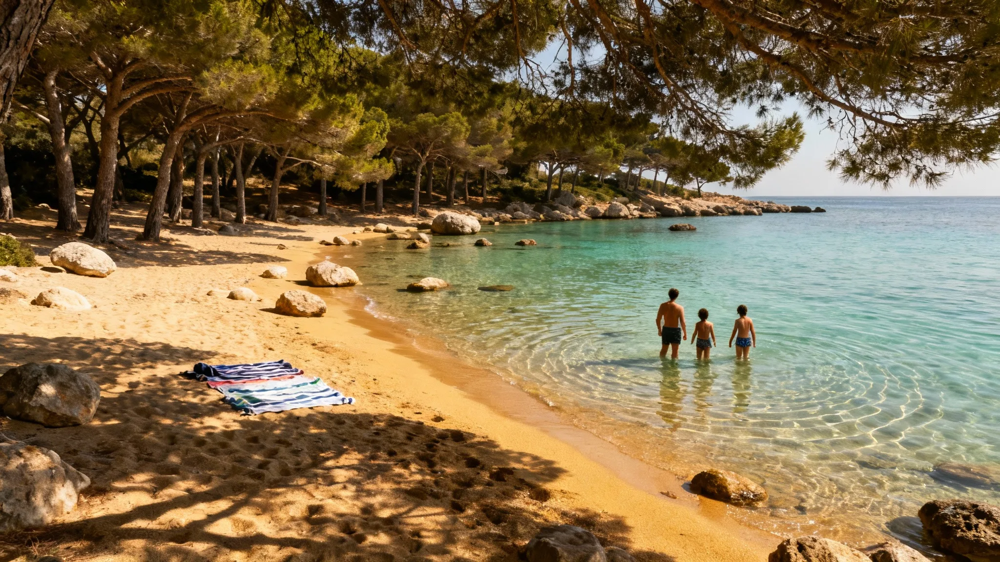Anse sable fin et pinède à la plage de l’Estagnol, eaux peu profondes