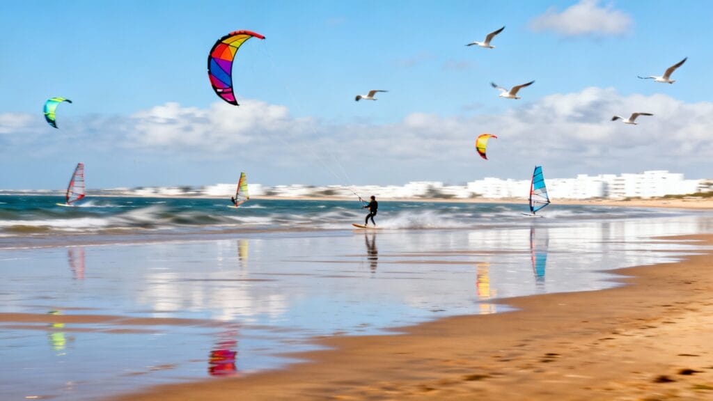 Kites et vent sur une plage au Maroc, grande baie