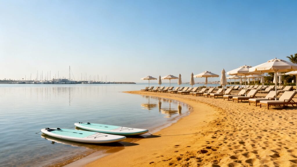 Plage équipée chic, baie méditerranéenne Maroc