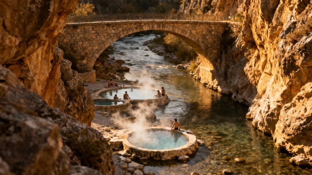 Rivière claire et bassins chauds dans un canyon