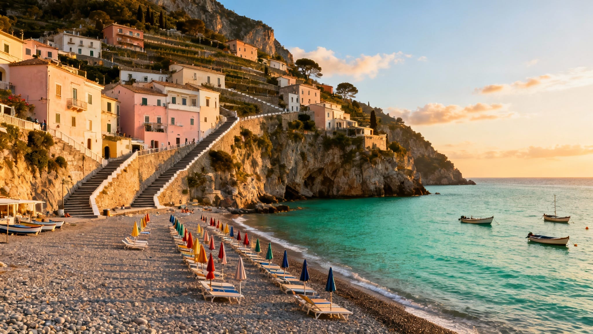 Positano, village en terrasses avec plage et mer turquoise au soleil couchant