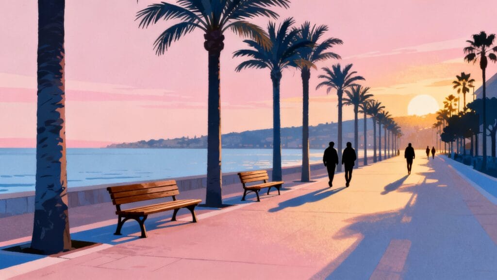 Promenade côtière bordée de palmiers au coucher du soleil