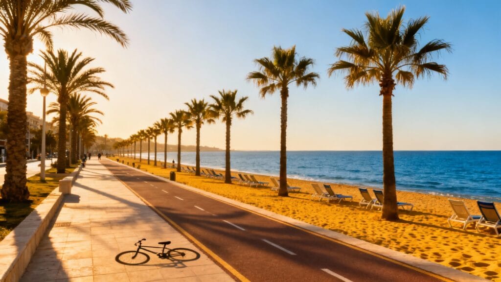 Promenade aux palmiers, plage dorée, ciel bleu lumineux