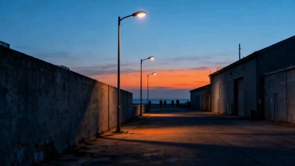 Zone industrielle au crépuscule, ambiance peu fréquentée