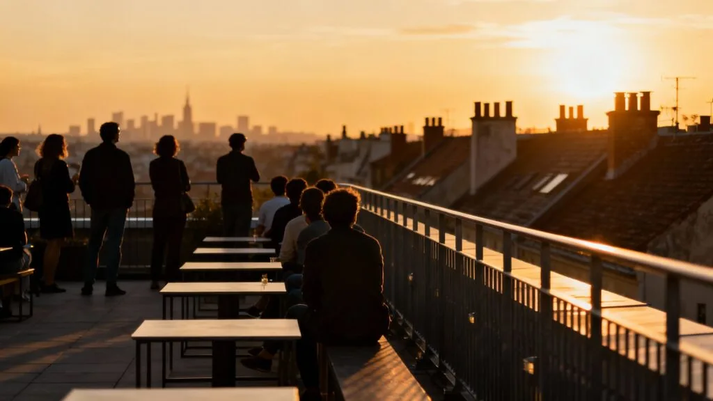Rooftop au coucher, panorama de toits et lumière dorée